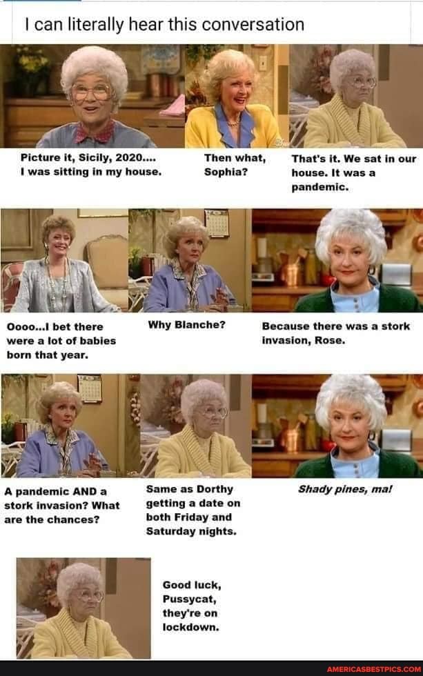 can literally hear this conversation
Picture it, Sicily, 2020.... Then what, That's it. We sat in our
was sitting in my house. Sophia? house. It was a pandemic.
Ocoo...I bet there Why Blanche? Because there was a stork
were a lot of babies invasion, Rose.
born that year.
A pandemic AND a Same as Dorthy Shady pines, ma! stork invasion? What getting a date on are the chances? both Friday and
Saturday nights.
Good luck,
Pussycat, they're on lockdown.