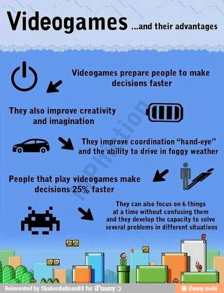 Videogames ani tneiairantase
Videogames prepare people to make
Mw decisions faster
They also improve creativity
and imagination
aa Sá They improve coordination "hand-eye"
OO and the ability to drive in foggy weather
decisions 25% faster