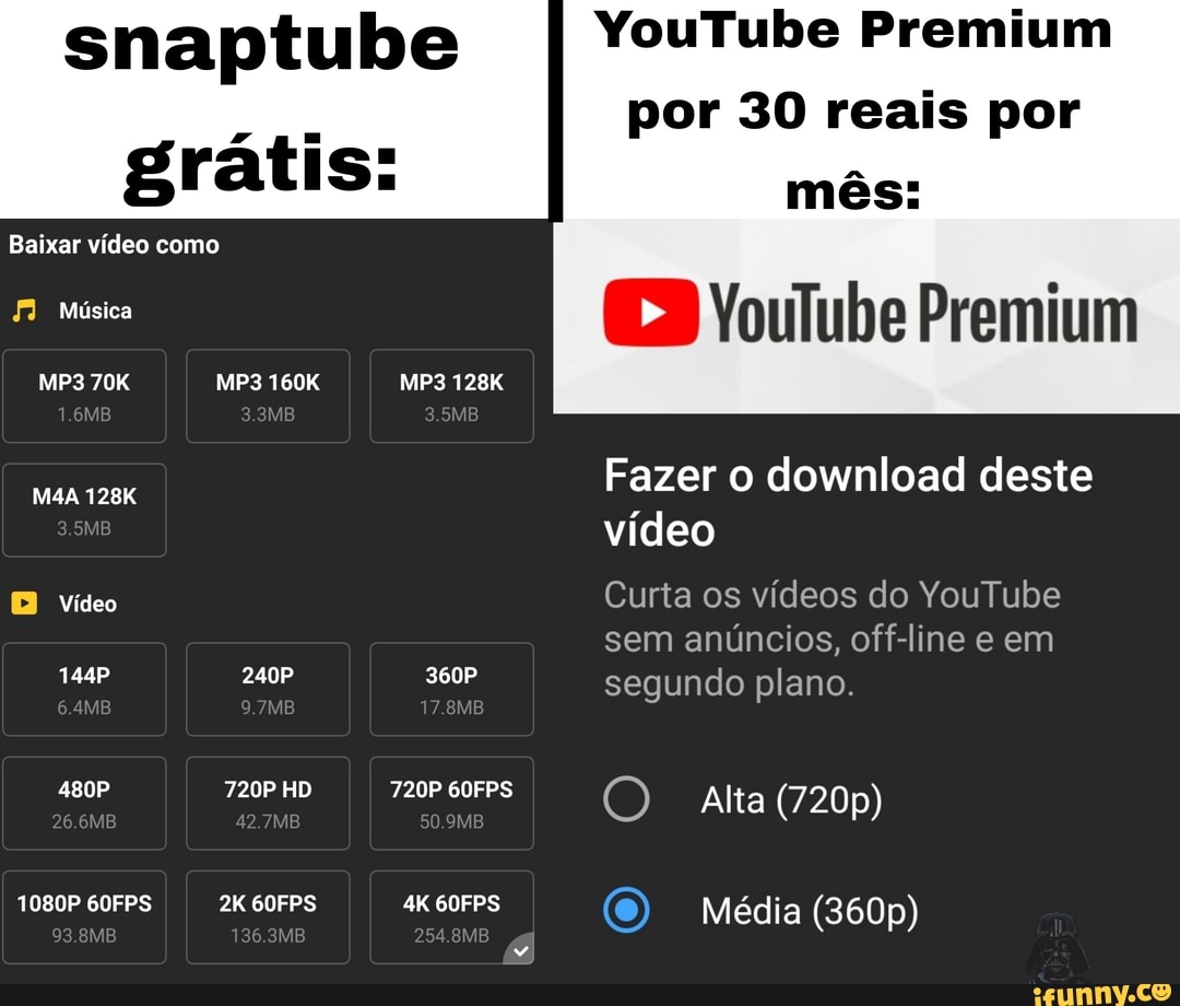 snaptube
grátis:
Baixar vídeo como
Música
160K
128K
128K
Vídeo
144P
480P
1080P 60FPS
240P
mB
720P HD
42
60FPS
360P
17
720P 60FPS
60FPS
YouTube Premium por 30 reais por mês:
Youlube Premium
Fazer o download deste vídeo
Curta os vídeos do YouTube sem anúncios, ne e em segundo plano.
720P 60FPS (O Alta (720p)
Média (360p)