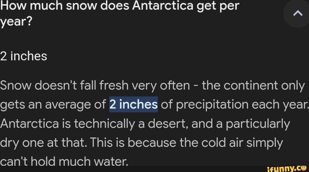 How much snow does Antarctica get per year? 2 inches Snow doesn't fall