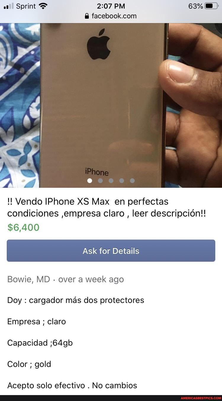 Sprint PM 63%
Vendo IPhone XS Max en perfectas condiciones ,empresa claro , leer descripcidn!!
$6,400
Bowie, MD over a week ago
Doy : cargador mas dos protectores
Empresa ; claro
Capacidad ;64gb
Color ; gold
Acepto solo efectivo . No cambios