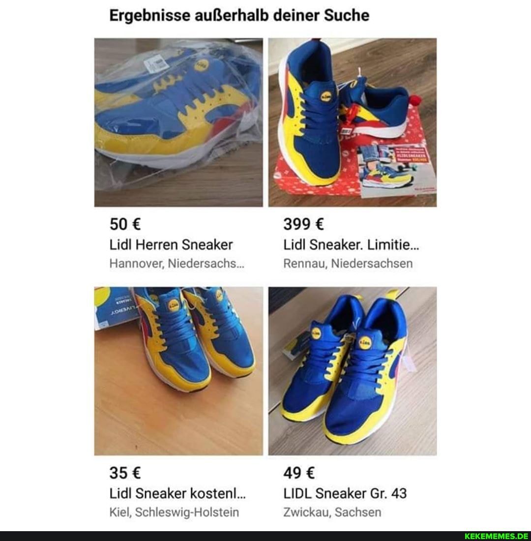 Ergebnisse außerhalb deiner Suche
50 399
Lid! Herren Sneaker Lid! Sneaker. Limitie...
Hannover, Niedersachs... Rennau, Niedersachsen
49
Lidl Sneaker kosten!... LIDL Sneaker Gr. 43
Kiel, Schleswig-Holstein Zwickau, Sachsen