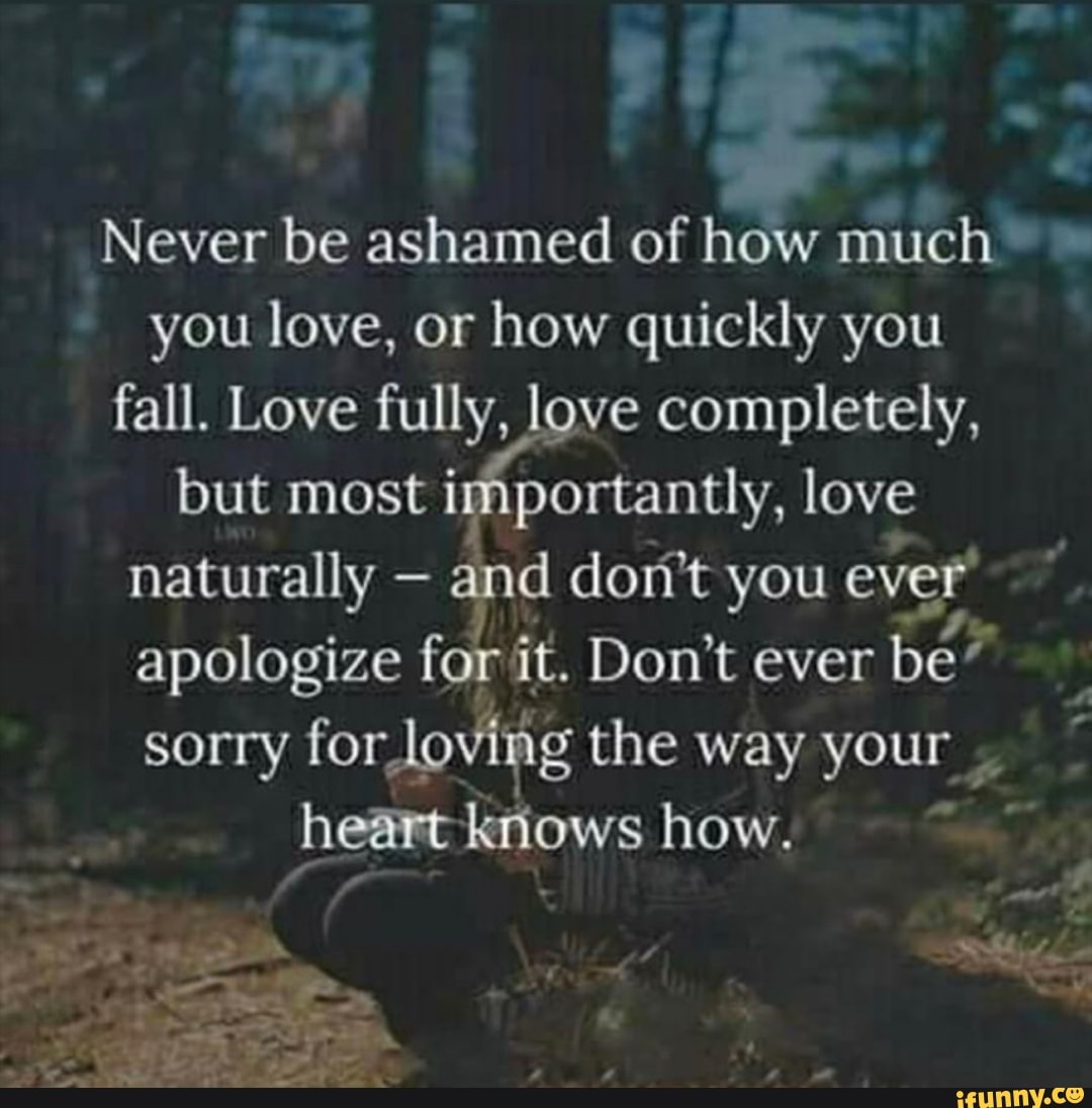 Never be ashamed of how much
you love, or how quickly you
fall. Love fully, love completely,
but most importantly, love
naturally and don't you ever
apologize for it. Don't ever
sorry for, loving the way your
y
heart knows how,