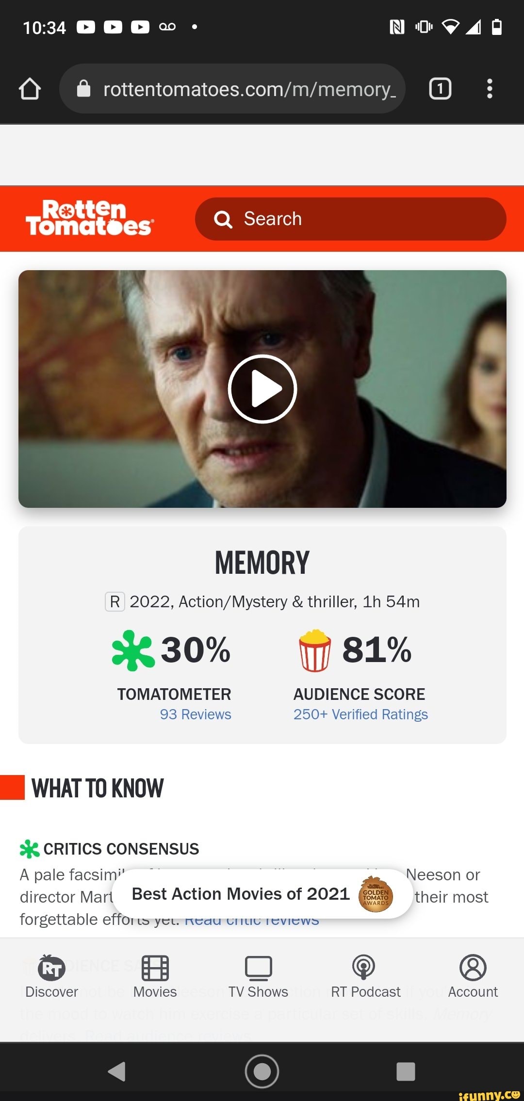 Rotten Q Search MEMORY R 2022, & Thriller, 30% 81% TOMATOMETER AUDIENCE ...