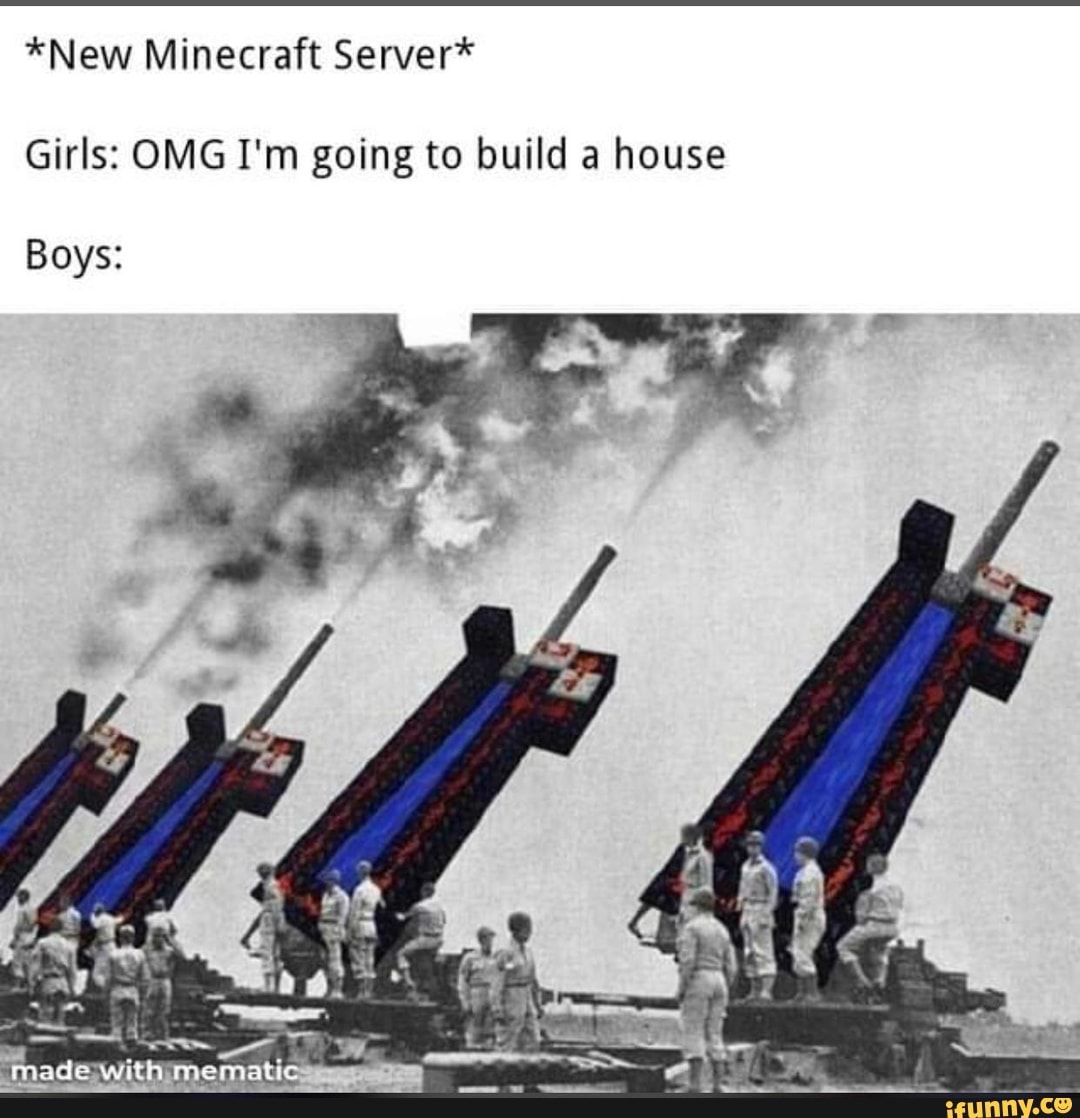 *New Minecraft Server*
Girls: OMG I'm going to build a house
Boys: