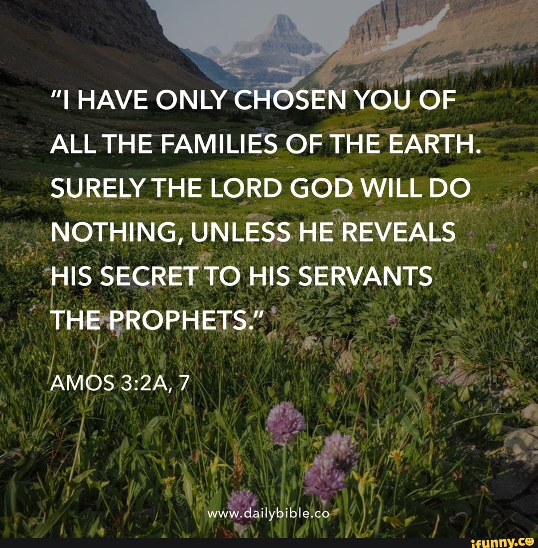 "I HAVE ONLY CHOSEN YOU OF ALL THE FAMILIES OF THE EARTH.
SURELY THE LORD GOD WILL DO NOTHING, UNLESS HE REVEALS HIS SECRET TO HIS SERVANTS THE PROPHETS."
AMOS 7
www.dailybible.co