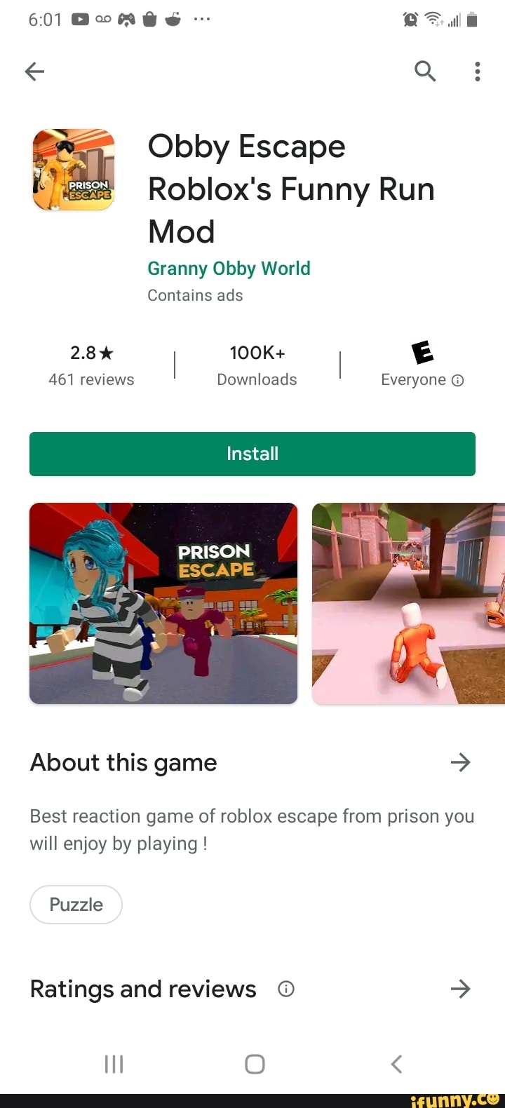 Obby Escape Roblox S Funny Run Mod Granny Obby World Contains Ads 2 8 I 100k I 461 Reviews Downloads Everyone Prison Escape About This Game Best Reaction Game Of Roblox Escape From - pokemon off brand on roblox crappyoffbrands
