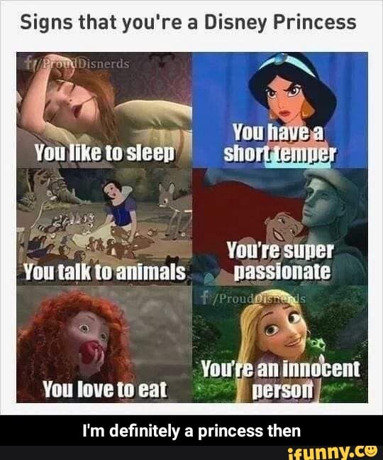 Signs that you're a Disney Princess
You're super
You talk to animals passionate
You love to eat
I'm definitely a princess then - I'm definitely a princess then