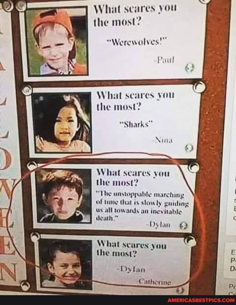 you
What sea you the most?
"Werewolves:
What se you the most?
"Sharks"
Nit
What scares you the most?
"The unstoppable of une that is slowly guiding us all towands an in death,
Dytan
What scares you the most?
Dylan,