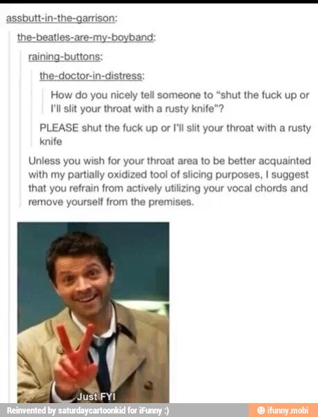 assbutt-in-the-garrison:
the-beatles-are-my-boyband:
raining-buttons:
the-doctor-in-distres:
How do you nicely tell someone to "shut the fuck up or
Pl sit your throat with a rusty knife"
PLEASE shut the fuck up or I'll slit your throat with a rusty
knife
Unless you wish for your throat area to be better acquainted
with my partially oxidized tool of slicing purposes, I suggest
that you refrain from actively utilizing your vocal chords and
remove yourself from the premises.