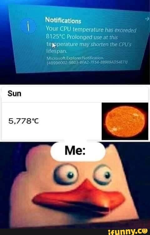 a
Notifications
I Your CPU temperature has excee:
8125°C Prolonged use at this
temperature may shorten the CPU's
Micros
14809
tion
Sun
5,778°C