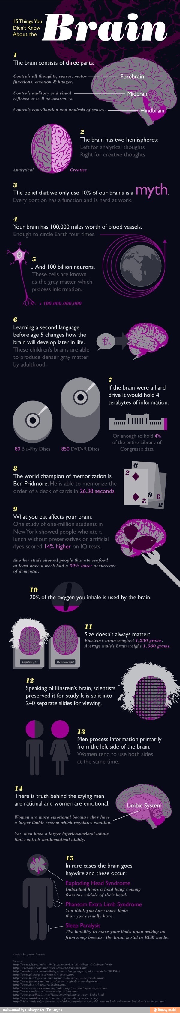 About the
1
The brain consists of three parts:
Controls all thoughts, senses, motor
functions, hunger.
2
The brain has two hemispheres:
Every
F
tion has a function and is hard at work
Your brain has 100,000 miles worth of blood vessels.
Learning a
second language
before age 5 changes how the
brain will develop later in life.
These children's brains are able
to produce denser gray matter