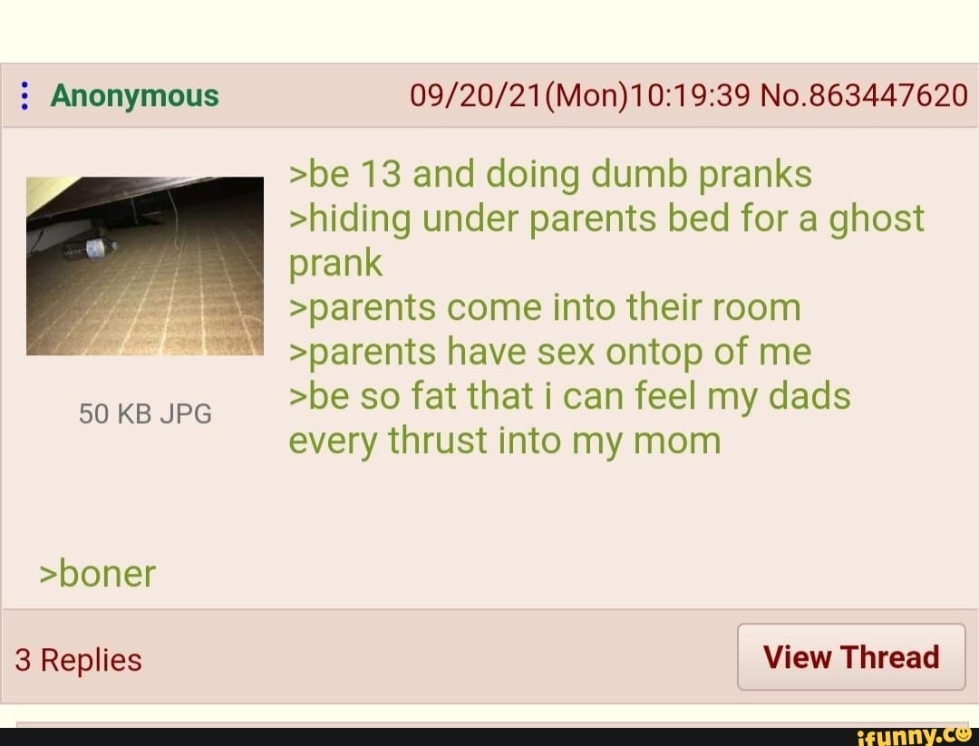 Anonymous No.863447620 >be 13 and doing dumb pranks >hiding under parents  bed for a ghost