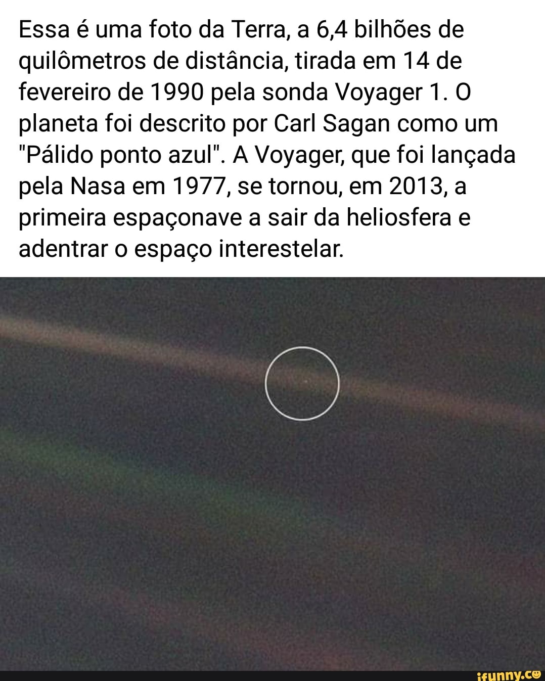 Essa é uma foto da Terra, a 6,4 bilhões de quilômetros de distância, tirada em 14 de fevereiro de 1990 pela sonda Voyager 1. O planeta foi descrito por Carl Sagan como um
"Pálido ponto azul". Voyager, que foi lançada pela Nasa em 1977, se tornou, em 2013, a
primeira espaçonave a sair da heliosfera e adentrar o espaço interestelar.
