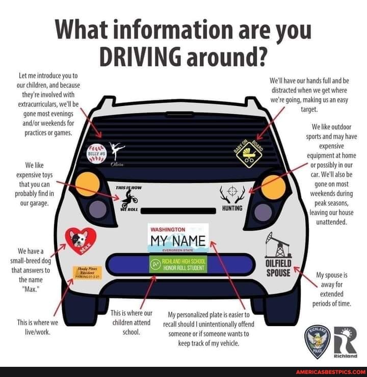 What information are you
DRIVING around?
Let me introduce you to
We'l lhave our hands full and be our children, and because they're involved with distracted when we get where
they're involved with extracurriculars, we'll be we're going, making us an easy target.
gone most evenings arg
sports and may have expensive equipment at home gone on most weekends during peak seasons,
Welike or possibly in our expensive toys ar. Well also be thatyou can probably find in our garage.
practices or games,
gone on most weekends during peak seasons, leaving our house unattended.
MY NAME
Wehavea small-breed dog that answers to the name
*Max,"
My spouse is away for extended periods of time.
re
Thisis where our My personalized plate is easier to children attend recall should I unintentionally offend school, someone or if someone wants to
This is where we liveswork
keep track of my vehicle