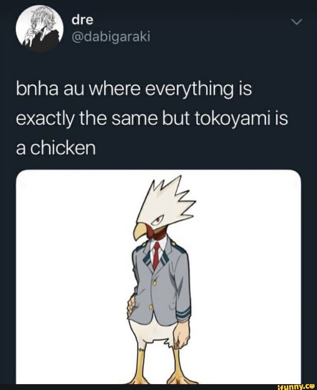 Bnha au Where everything is exactly the same but tokoyami is a chicken ...