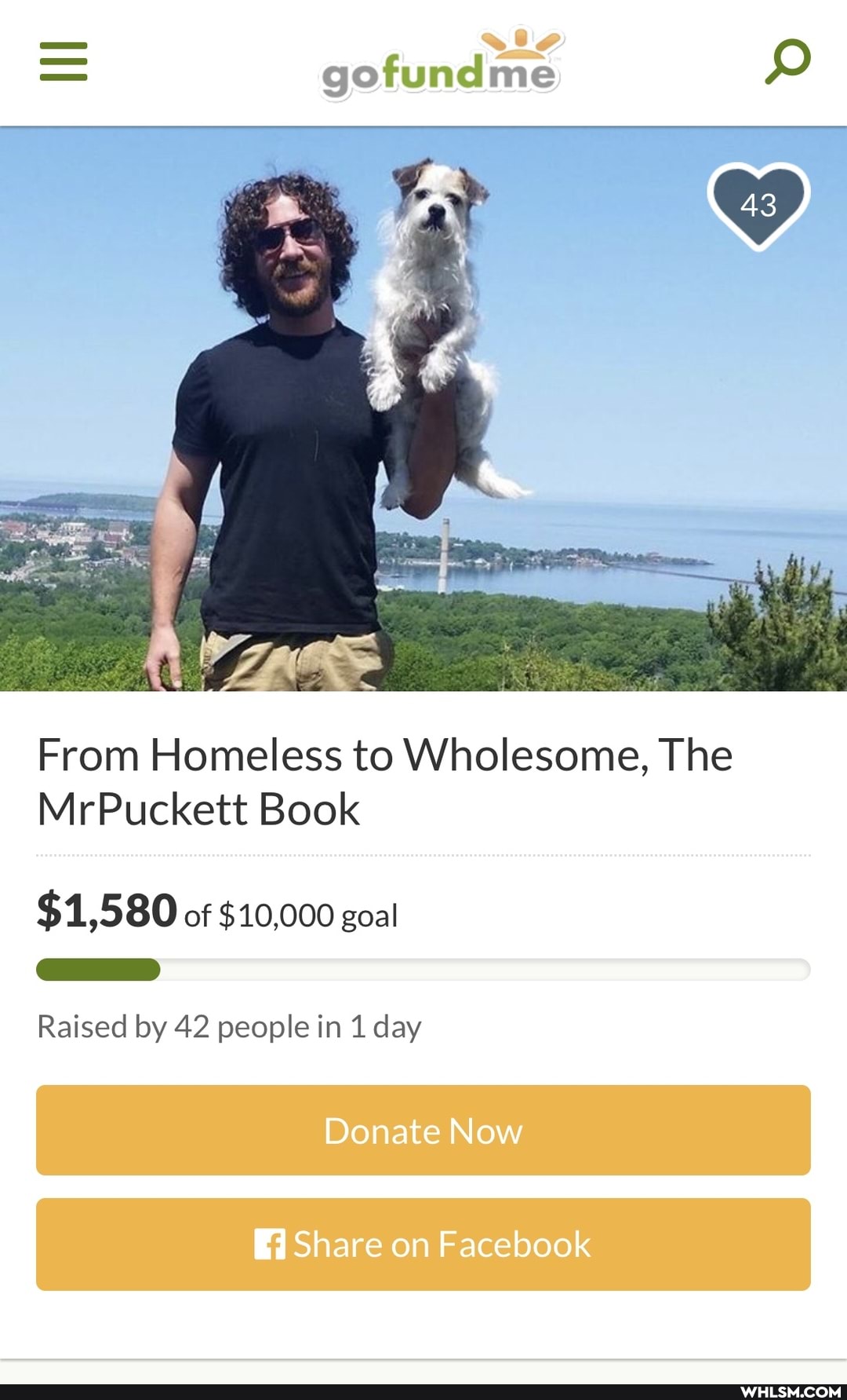 = gofundme
From Homeless to Wholesome, The
of
MrPuckett Book
of $40,000 goal
Raised by 42 people in day
Donate Now
Share on Facebook