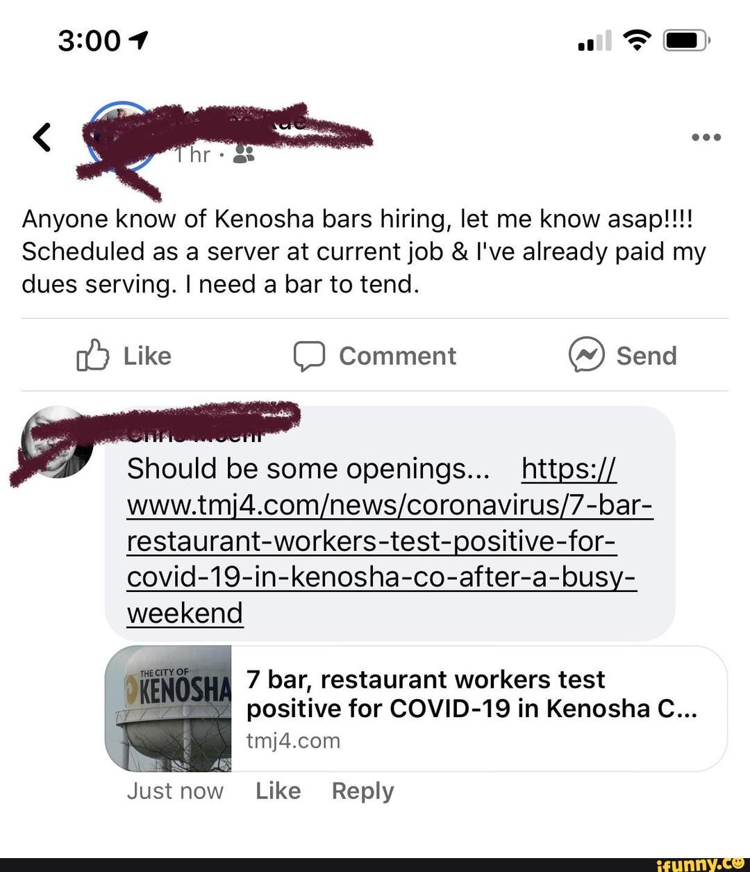 Anyone know of Kenosha bars hiring, let me know asap