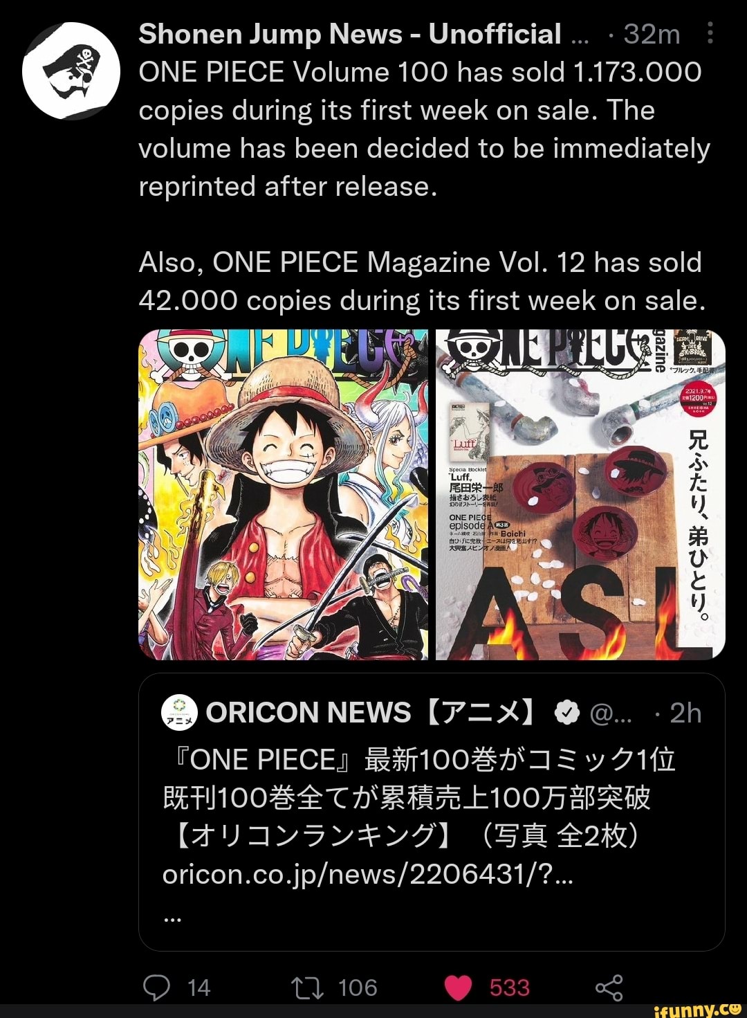 Shonen Jump News Unofficial One Piece Volume 100 Has Sold 1 173 000 Copies During Its First