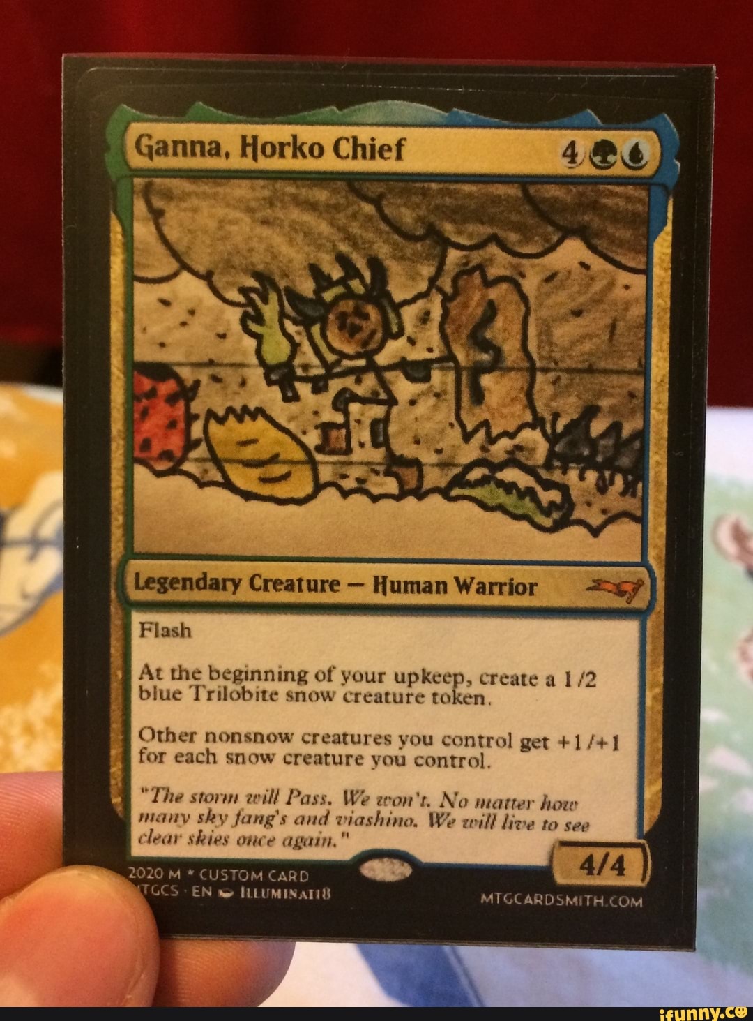At the beginning of your upkeep, create a 1/2
blue Trilobite snow creature token.
ONE
Other nonsnow creatures you control get +1/+1
for each snow creature you control,
OR
