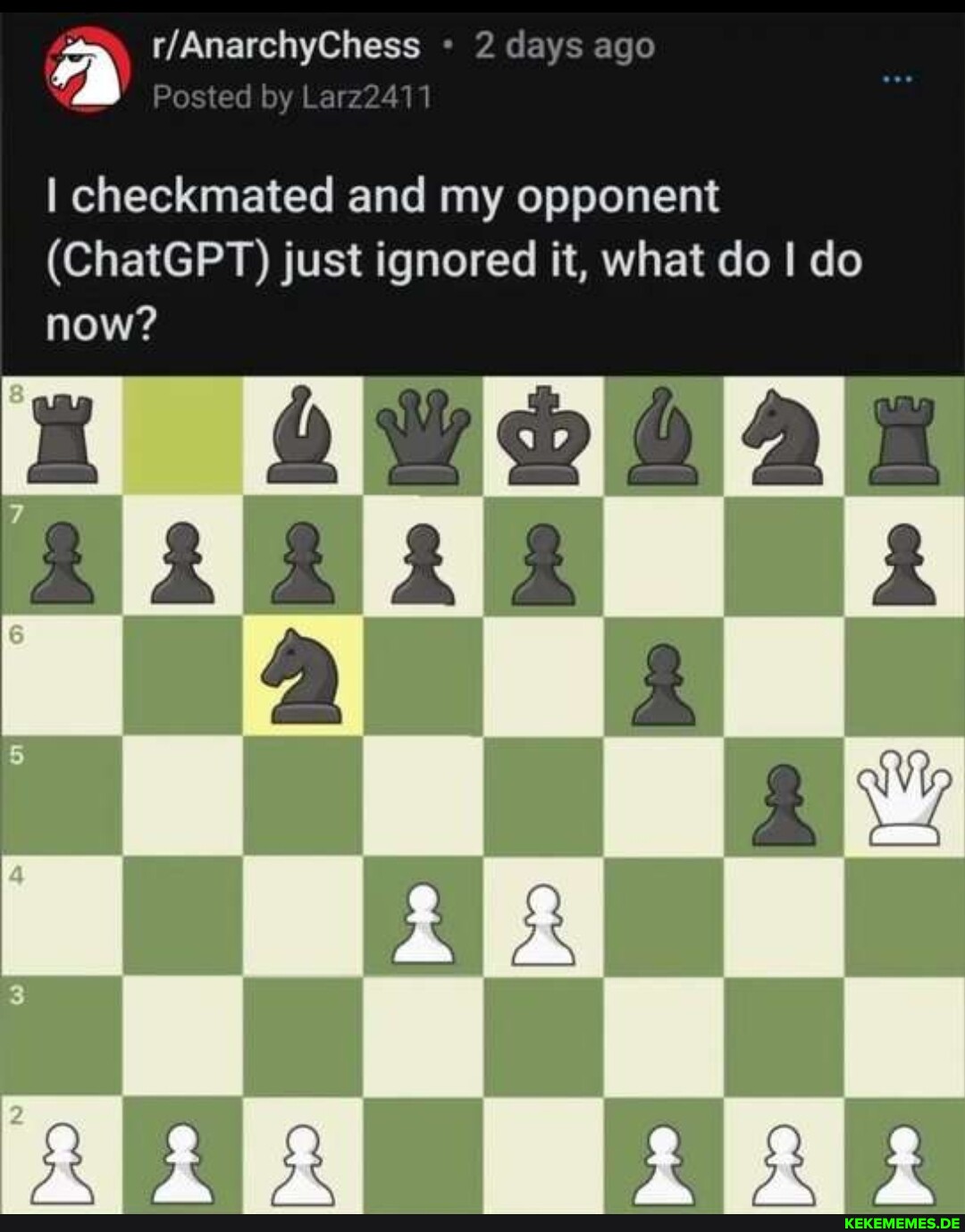 2 days ago Posted by Larz2471 I checkmated and my opponent (ChatGPT) just ignore