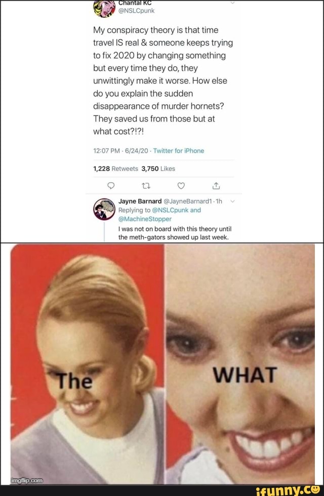 van
My conspiracy theory is that time
travel IS real someone keeps trying
to fix 2020 by changing something
but every time they do, they
unwittingly make it worse. How else
do you explain the sudden
disappearance of murder hornets?
They saved us from those but at
12:07 PM 6/24/20 Twitter for iPhone
1,228 Retweets 3,750 Likes
uachhestonper
I was not on board with this theory until
the meth-gators showed up last week.