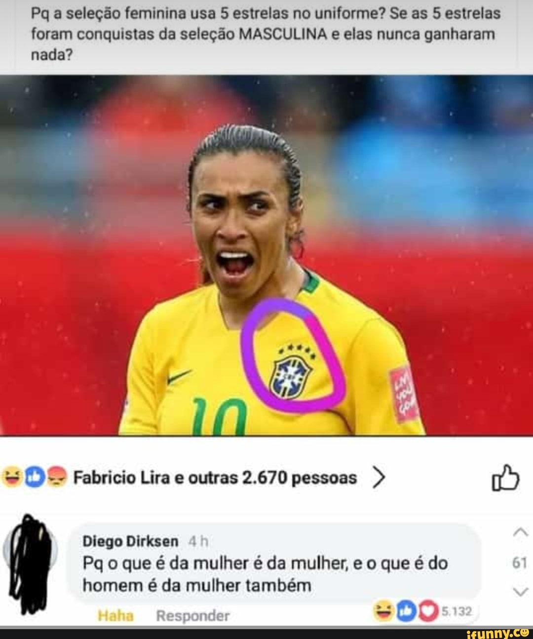 Pq a seleção feminina usa 5 estrelas no uniforme? Se as 5 estrelas
foram conquistas da seleção MASCULINA e elas nunca ganharam
nada?
Fabricio Lira e outras 2.670 pessoas
Diego Dirksen 4
Pq o que é da mulher é da mulher, e o que é do
homem é da mulher também