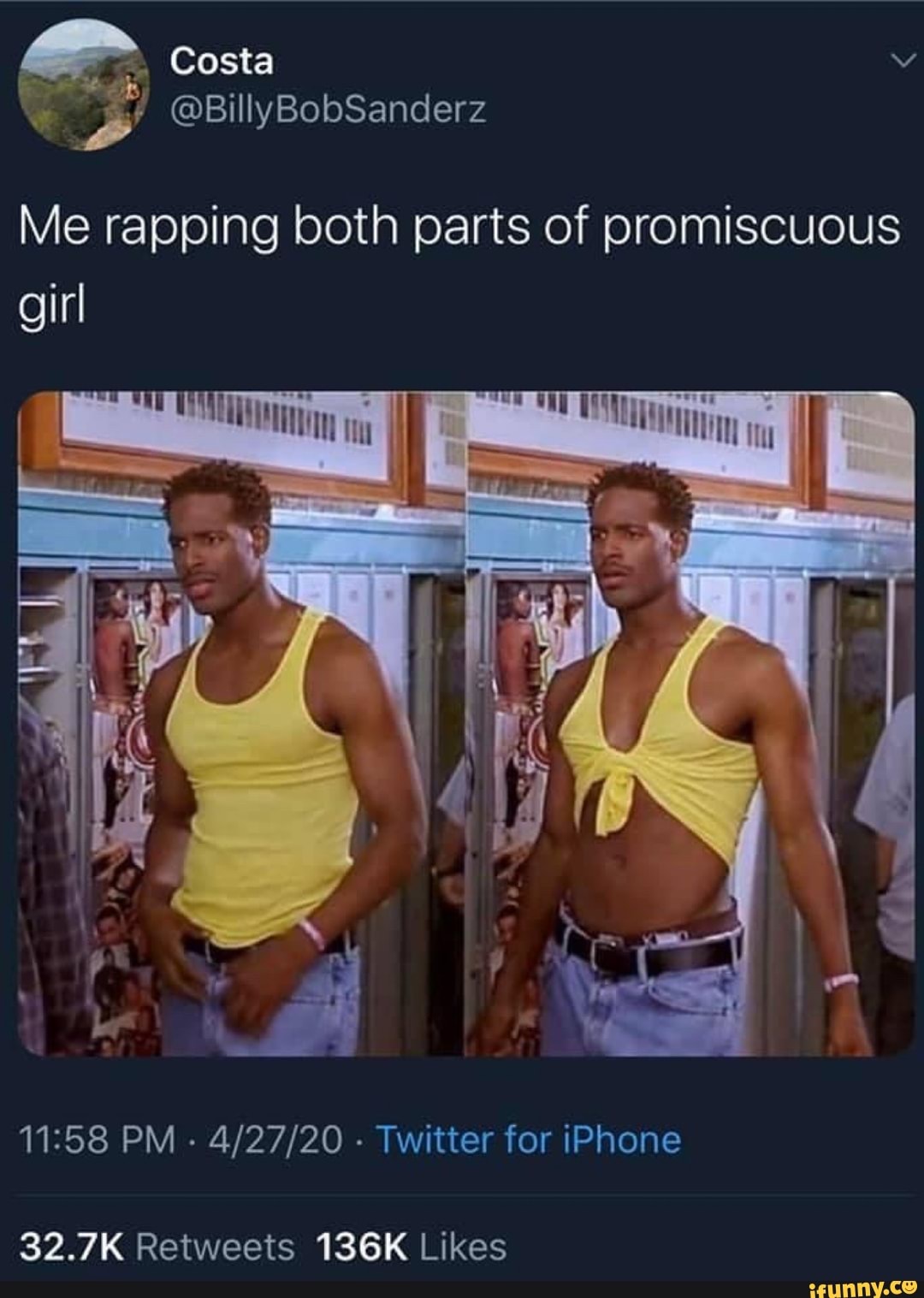 Costa
@BillyBobSanderz
Me rapping both parts of promiscuous girl
ul
UN!
PM - - Twitter for iPhone
"os