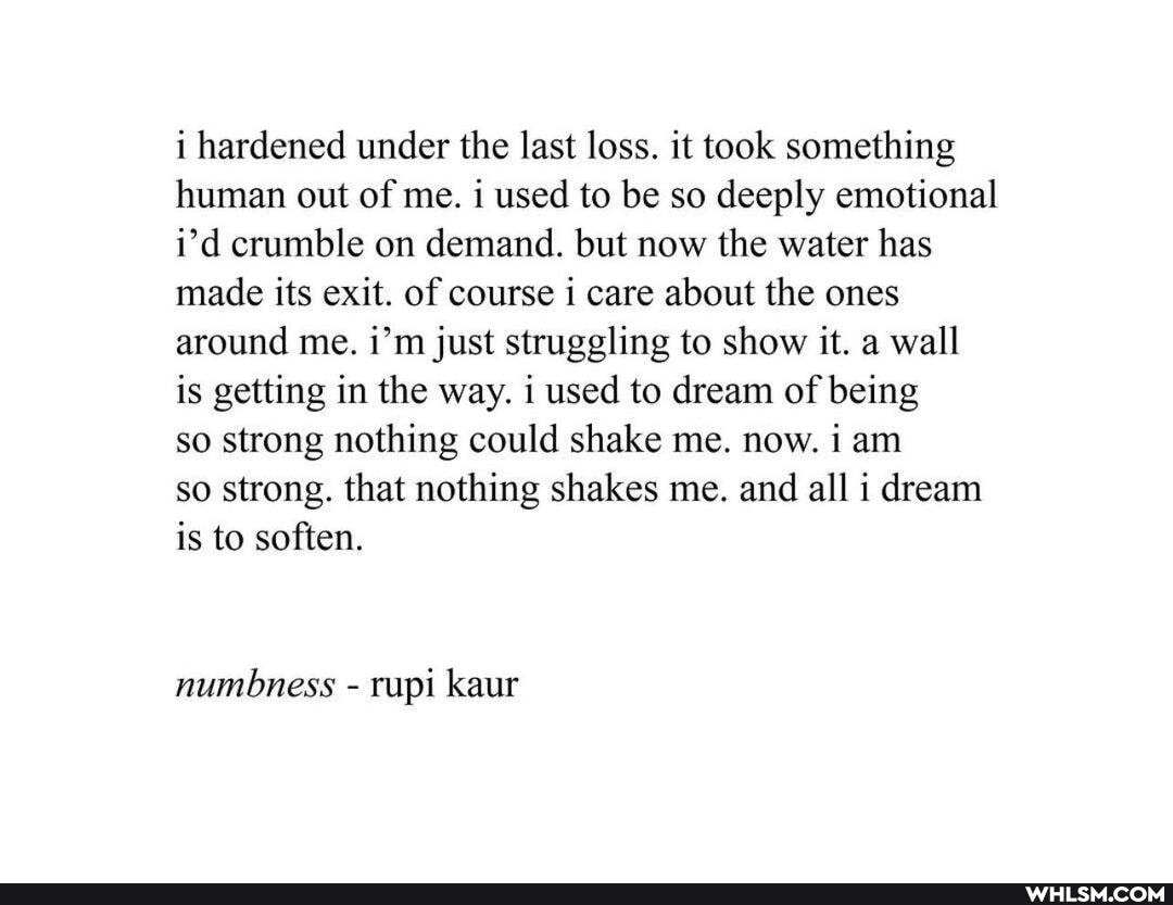 i hardened under the last loss. it took something human out of me. i used to be so deeply emotional i'd crumble on demand. but now the water has made its exit. of course i care about the ones around me. i'm just struggling to show it. a wall
is getting in the way. i used to dream of being
so strong nothing could shake me. now. i am
so strong. that nothing shakes me. and all i dream is to soften.
numbness - rupi kaur