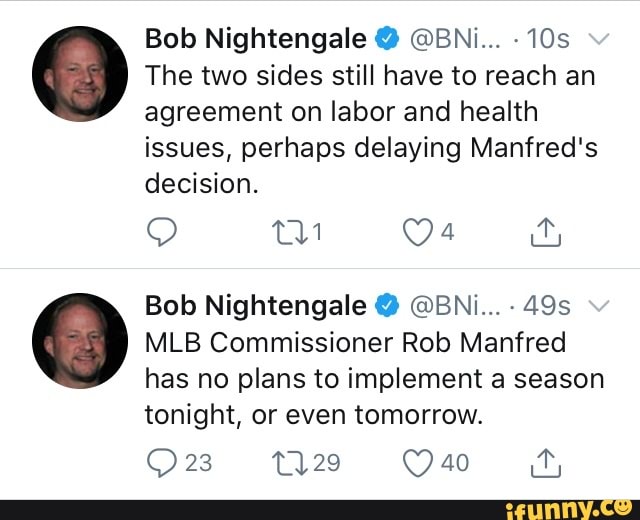 The two sides still have to reach an
agreement on labor and health
issues, perhaps delaying Manfred's
decision.
MLB Commissioner Rob Manfred
has no plans to implement a season
tonight, or even tomorrow.