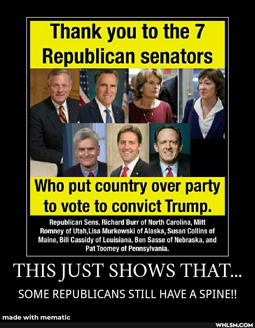 Thank you to the 7 senators
Who put country over party to vote to convict Trump.
Republican Sens. Richard Burr of North Carolina, Mitt
Romney of Utah,Lisa Murkowski of Alaska, Susan Collins of
Maine, Bill Cassidy of Louisiana, Ben Sasse of Nebraska, and
Pat Toomey of Pennsylvania.
THIS JUST SHOWS THAT...
SOME REPUBLICANS STILL HAVE A SPINE!!
made with
