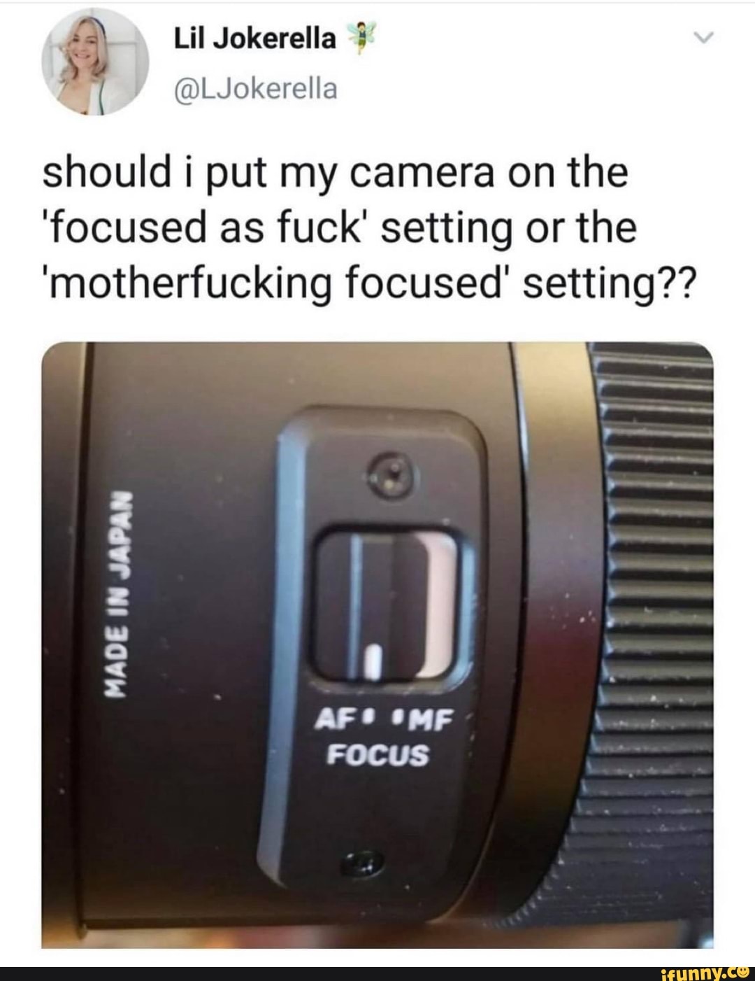 EN should i put my camera on the 'focused as fuck' setting or the Lil