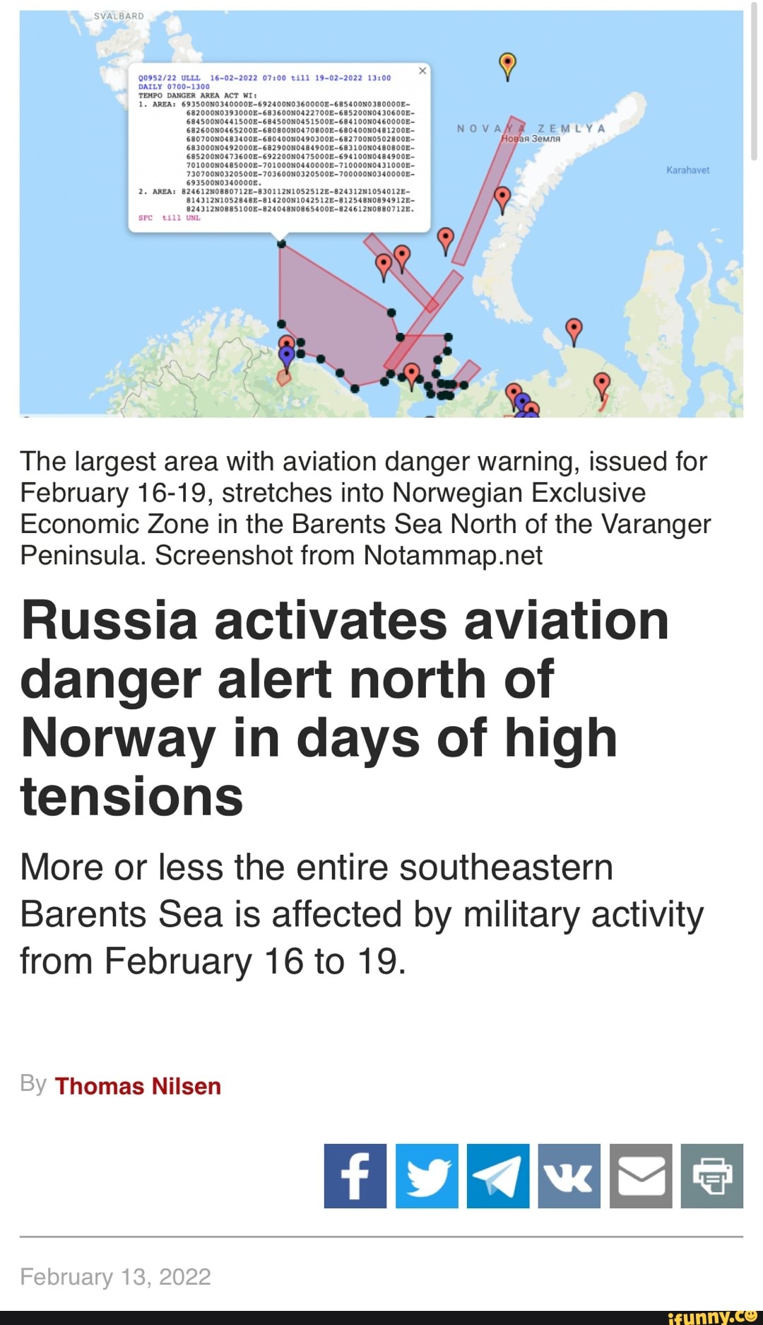 The largest area with aviation danger warning, issued for February 16