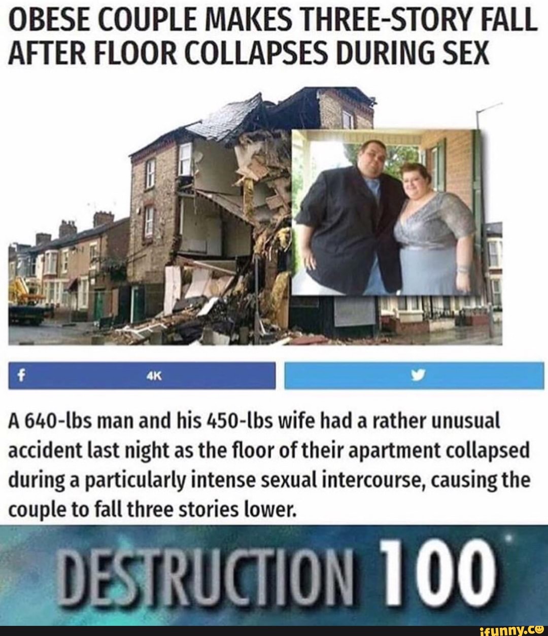 OBESE COUPLE MAKES THREE-STORY FALL AFTER FLOOR COLLAPSES DURING SEX A  GloO-lbs man and