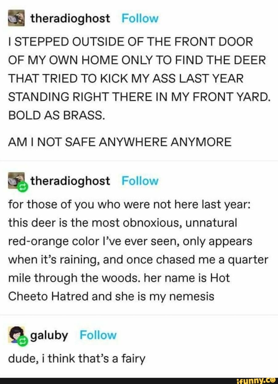 theradioghost Follow
I STEPPED OUTSIDE OF THE FRONT DOOR
OF MY OWN HOME ONLY TO FIND THE DEER
THAT TRIED TO KICK MY ASS LAST YEAR
STANDING RIGHT THERE IN MY FRONT YARD.
BOLD AS BRASS.
AM I NOT SAFE ANYWHERE ANYMORE
ES) theradioghost Follow
for those of you who were not here last year:
this deer is the most obnoxious, unnatural
red-orange color I've ever seen, only appears
when it's raining, and once chased me a quarter
mile through the woods. her name is Hot
Cheeto Hatred and she is my nemesis
dude, i think that's a fairy