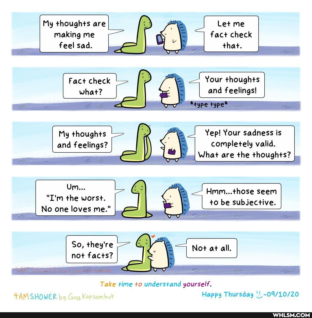 Let me fact check that.
Fact Your
and
My thoughts are making me feel sad.
Yep! Your sadness is completely valid.
What are the thoughts?
seem
be subjective.
all.
Um...
"I'm the worst.
____I No one loves me."
re
Take time to understand yourself.
+AM SHOWER by Guy Kopsombut Happy Thursday