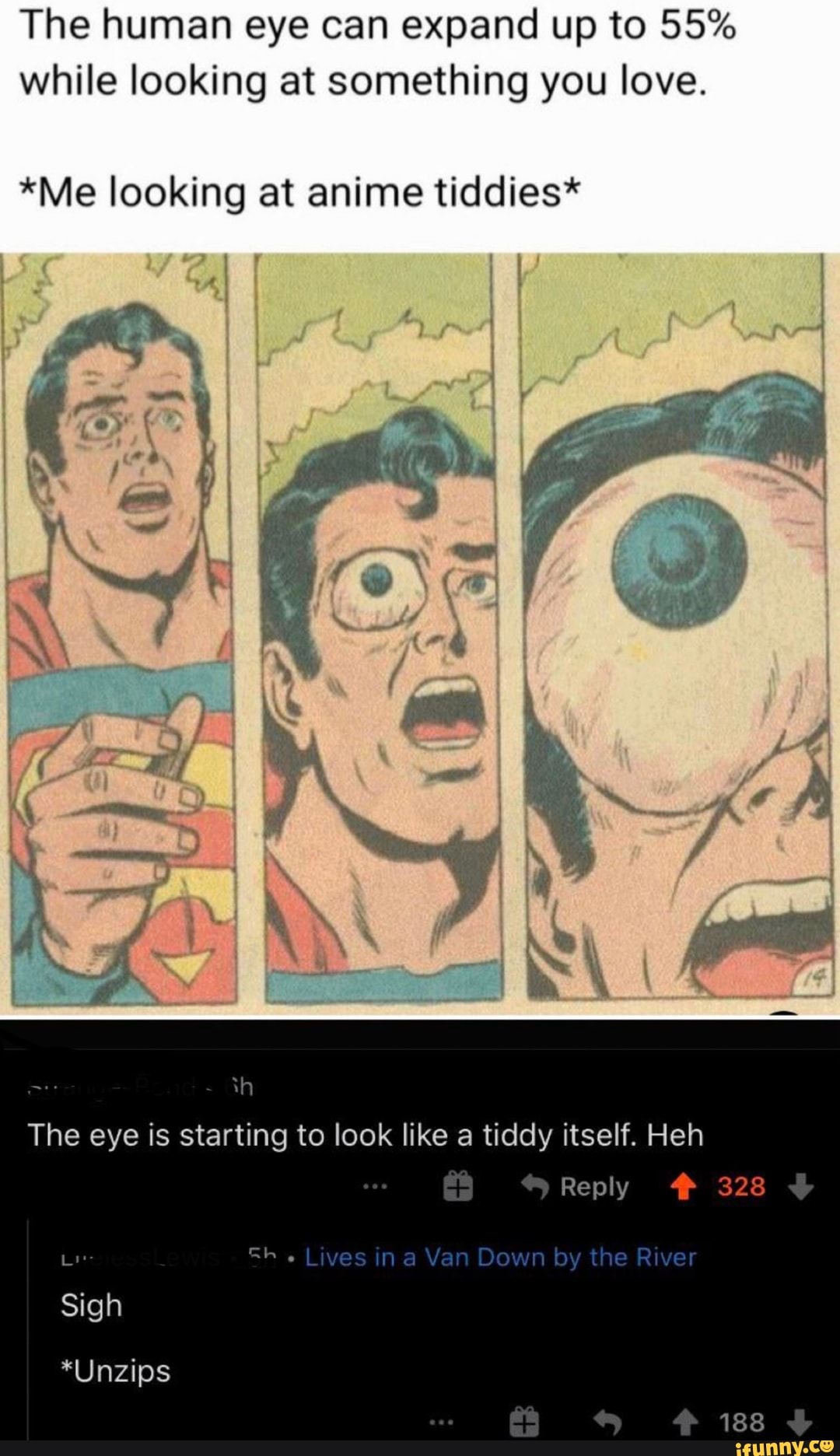 The human eye can expand up to 55% while looking at something you love.
*Me looking at anime tiddies*
The eye is starting to look like a tiddy itself. Heh
Reply 328
Sigh
*Unzips