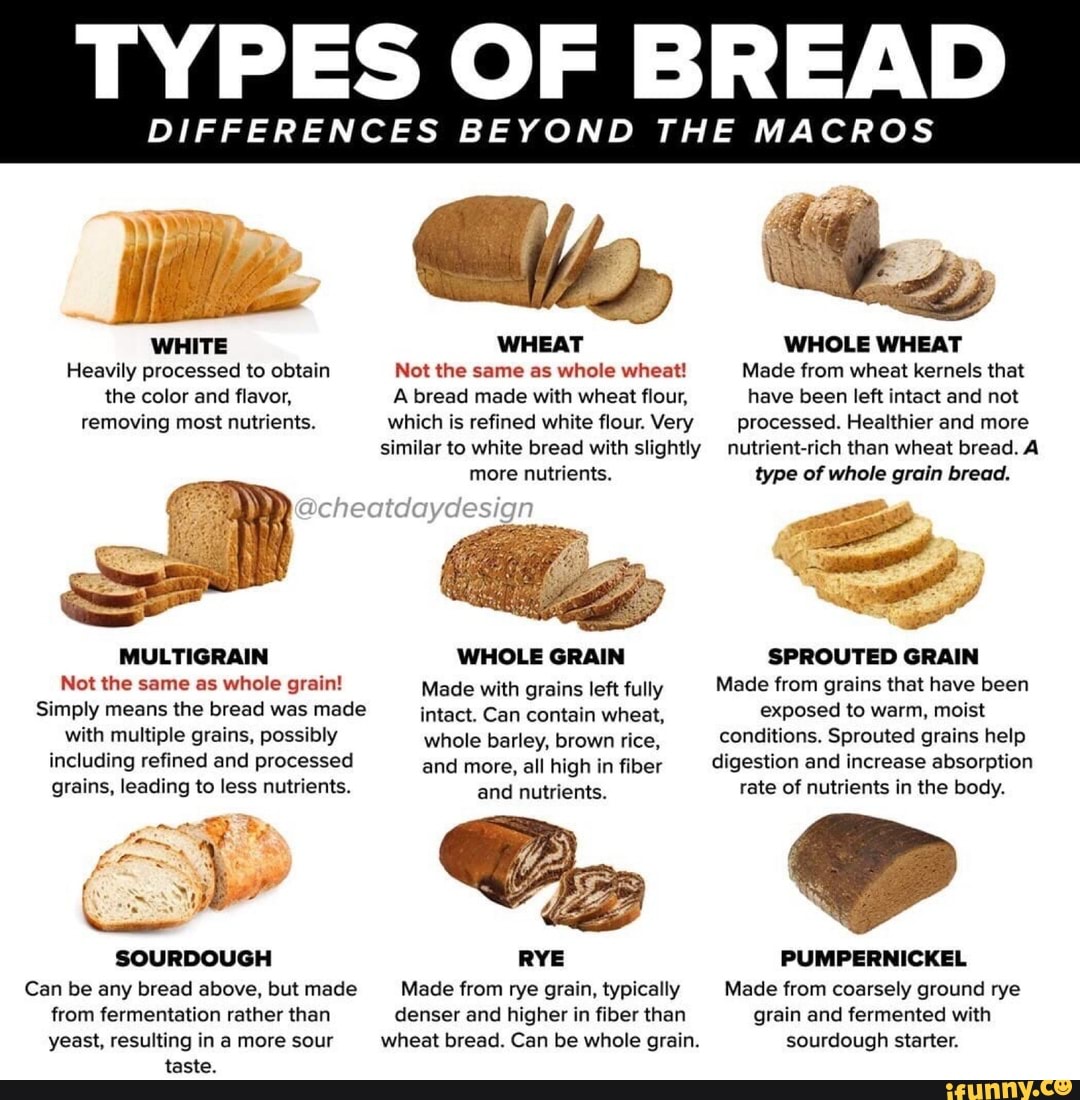 TYPES OF BREAD DIFFERENCES BEYOND THE MACROS WHITE WHOLE WHEAT Heavily 