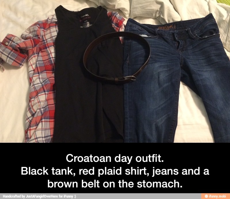 Croatoan day outfit.
Black tank, red plaid shirt, jeans and a
brown belt on the stomach. - Croatoan day outfit. Black tank, red plaid shirt, jeans and a brown belt on the stomach.