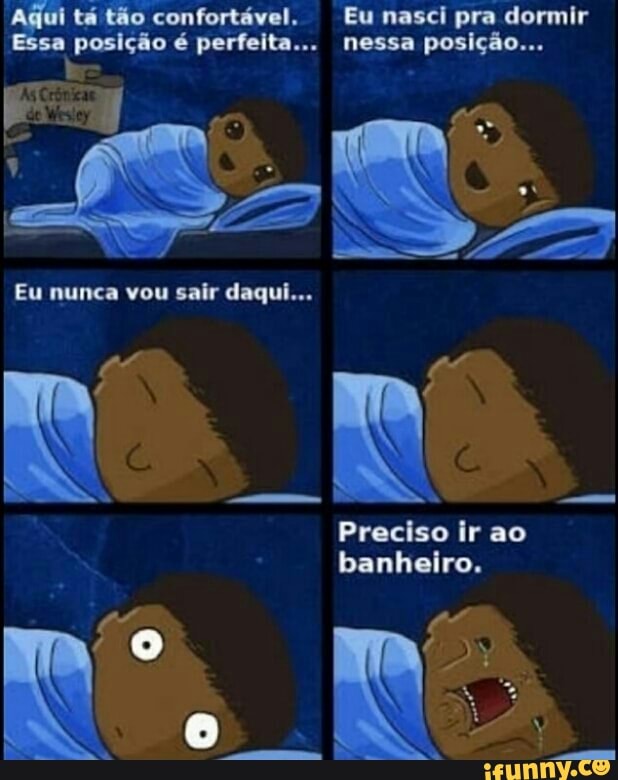 tá tão confortável. Eu nasci pra dormir
posição é perfeita... nessa posição...
Preciso ir ao
banheiro.
