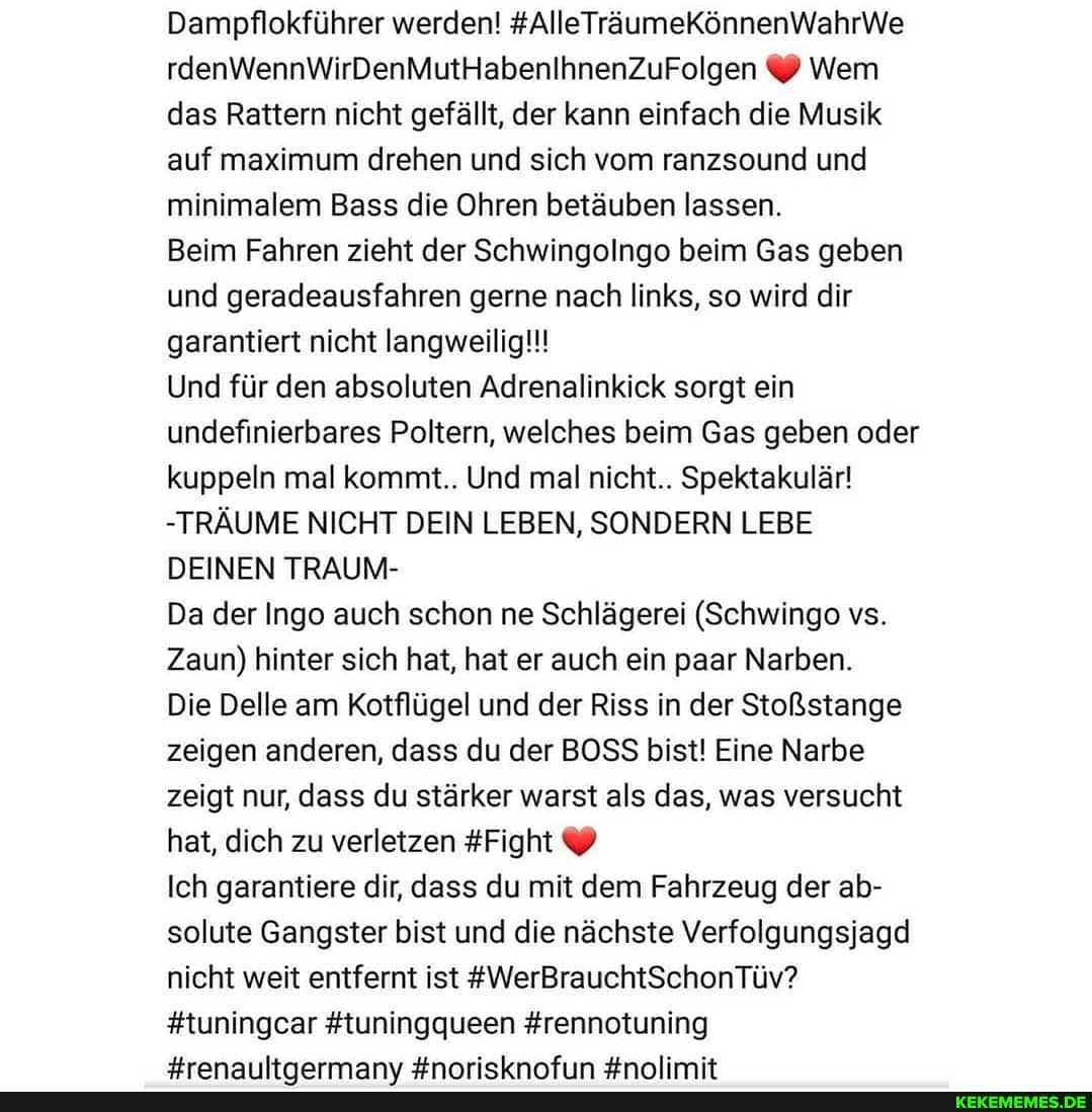 Dampflokführer werden! #AlleTräumeKönnenWahrWe rdenWennWirDenMutHabenihnenZuFolgen Wem das Rattern nicht gefällt, der kann einfach die Musik auf maximum drehen und sich vom ranzsound und minimalem Bass die Ohren betäuben lassen.
Beim Fahren zieht der Schwingolngo beim Gas geben und geradeausfahren gerne nach links, so wird dir garantiert nicht langweilig!!!
Und für den absoluten Adrenalinkick sorgt ein undefinierbares Poltern, welches beim Gas geben oder kuppeln mal kommt.. Und mal nicht.. Spektakulär!
-TRÄUME NICHT DEIN LEBEN, SONDERN LEBE DEINEN TRAUM-
Da der Ingo auch schon ne Schlägerei (Schwinge vs.
Zaun) hinter sich hat, hat er auch ein paar Narben.
Die Delle am Kotflügel und der Riss in der Stoßstange zeigen anderen, dass du der BOSS bist! Eine Narbe zeigt nur, dass du stärker warst als das, was versucht hat, dich zu verletzen #Fight
Ich garantiere dir, dass du mit dem Fahrzeug der ab- solute Gangster bist und die nächste Verfolgungsjagd nicht weit entfernt ist #WerBrauchtSchonTüv?
#tuningcar #tuningqueen #rennotuning
#ranalltmarmamm: Ennrielnnfin Znalimitr
