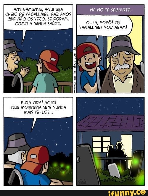 ANTIGAMENTE, AQUI ERA Lo ui esc a
CHEIO DE VAGALUMES. FAZ ANOS
PLA VIDA! ACHEI
QUE MORRERIA SEM NUNCA