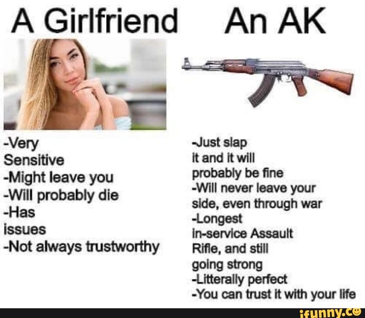 A Girlfriend An AK
-Might leave you
-Will probably die
-Has
issues
-Not always trustworthy
-Just slap
it and it will
probably be fine
-Will never leave your
side, even through war
-Longest
in-service Assault
Rifle, and still
going strong
-Litterally perfect
-You can trust it with your life