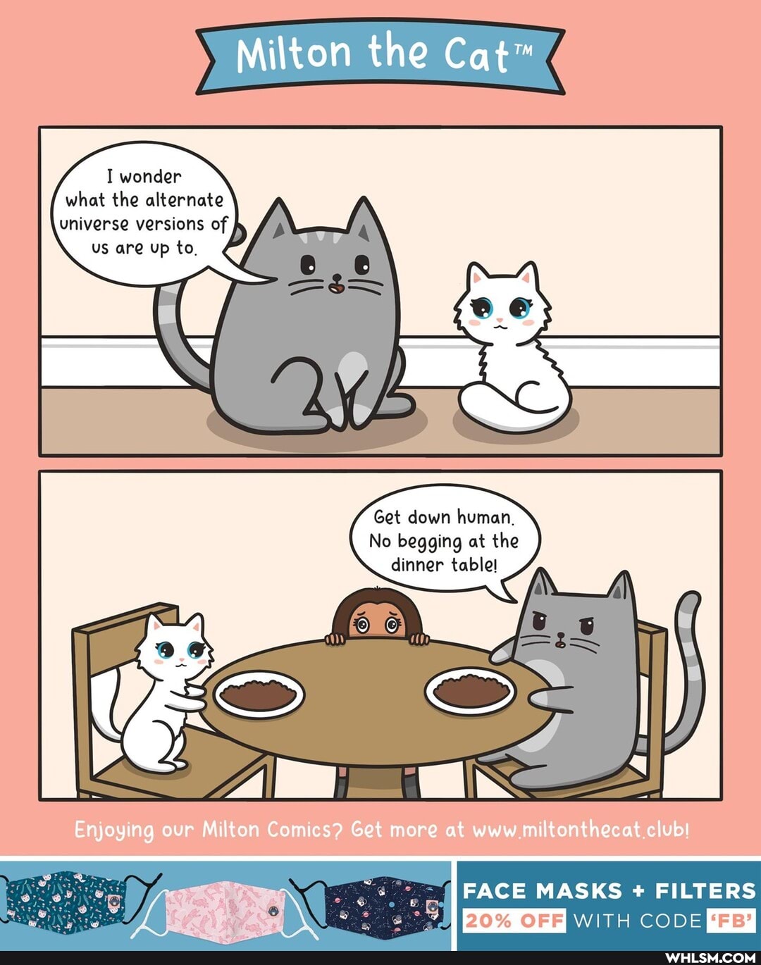 Milton the
I wonder
what the alternate universe versions of us are up to,
Get down human.
No begging at the dinner table!
Enjoying our Milton Comics? Get more at www miltonthecat.clubl
FACE MASKS + FILTERS
20% OFF WITH CODE