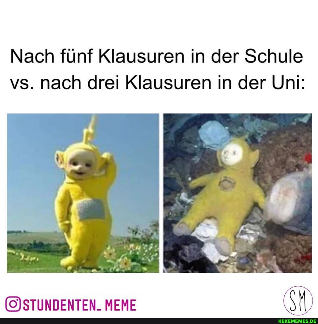 Nach fünf Klausuren in der Schule vs. nach drei Klausuren in der Uni:
MEME