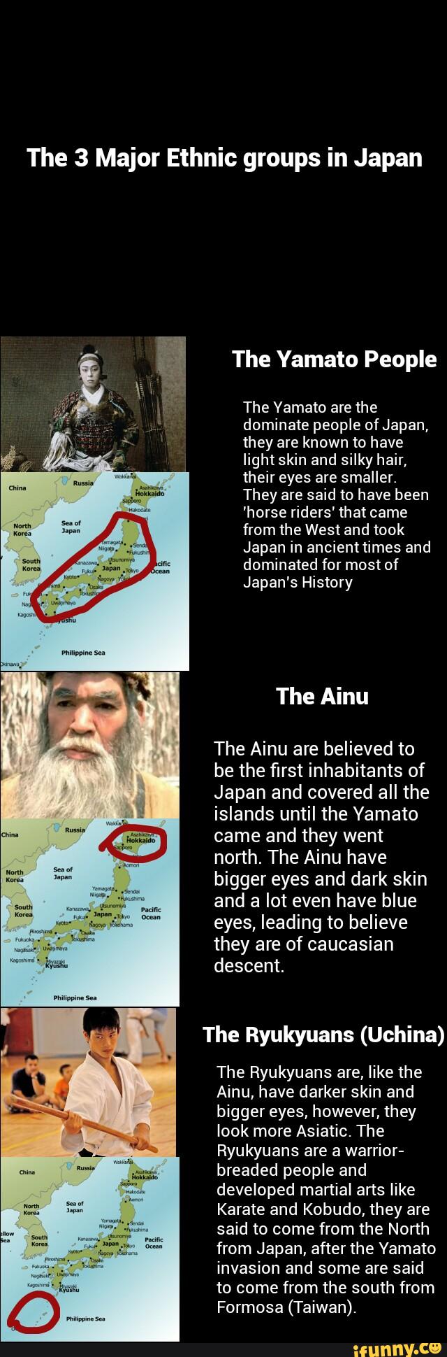 The 3 Major Ethnic groups in Japan
The Yamato People
The Vamato are the
dominate people ofJapan,
they are known to have
light skin and silky hair,
their eyes are smaller.
They are said to have been
'horse riders' that came
from the West and took
Japan in ancient times and
dominated for most of
Japan's History
The Ainu
The Ainu are believed to
be the first inhabitants of
Japan and covered all the
islands until the Yamato
came and they went
north. The Ainu have
bigger eyes and dark skin
and lot have blue
