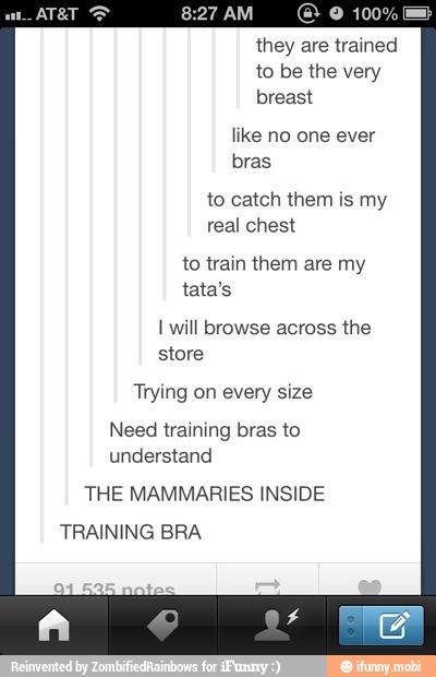 they are trained
to be the very
breast
like no one ever
bras
to catch them is my
real chest
to train them are my
tata's
I will browse across the
store
Trying on every size
Need training bras to
understand
THE MAMMARIES INSIDE
TRAINING BRA