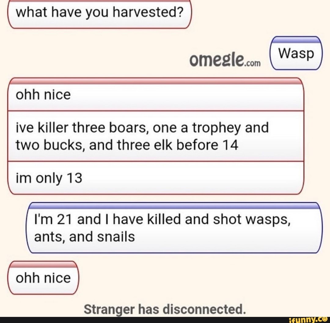 what have you harvested?
omesle.con
ohh nice
ive killer three boars, one a trophey and
two bucks, and three elk before 14
im only 13
I'm 21 and I have killed and shot wasps,
ants, and snails
Stranger has disconnected.
