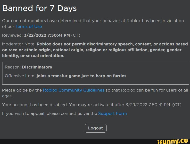 Banned for 7 Days Our content monitors have determined that your