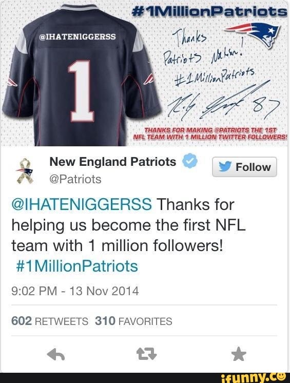 New England Patriots on X: @CoonGawd Thanks for helping us become the  first NFL team with 1 million followers! #1MillionPatriots   / X